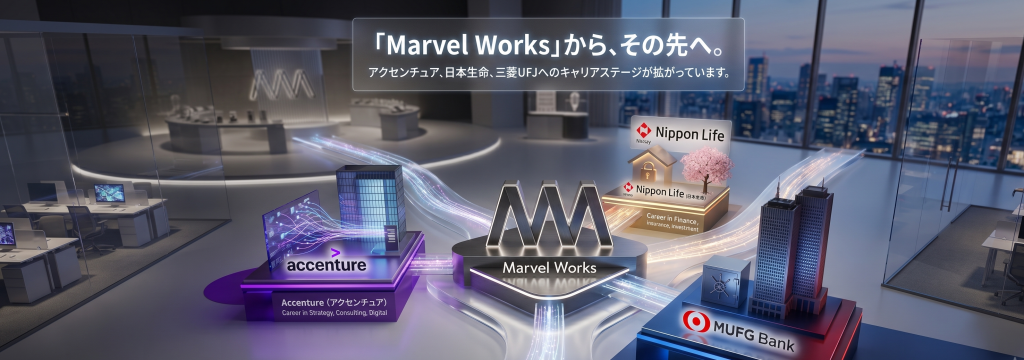 株式会社MarvelWorksの【大手志望募集中！】今年の4年生がそれぞれアクセンチュア、日本生命、三菱UFJ内定！僕たちと一緒に大手目指しませんか？のカバー画像