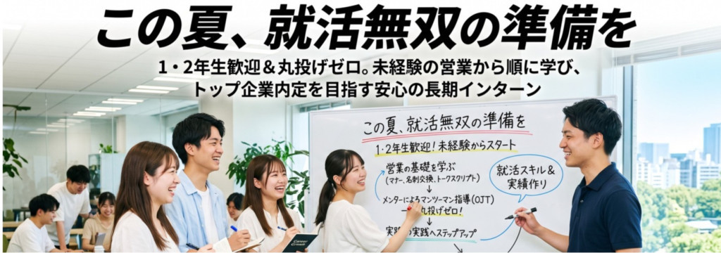 株式会社MarvelWorksの【この夏、就活無双の準備を】1・2年生歓迎＆丸投げゼロ。未経験の営業から順に学び、トップ企業内定を目指す安心の長期インターンのカバー画像