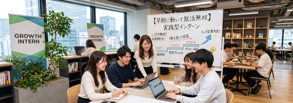 株式会社MarvelWorksの【早期に動いて就活無双】1・2年生歓迎＆今年の先輩はトップ企業へ内定！「いきなり全部」ではなく、未経験から順を追って成長できる安心の実践型インターンのカバー画像